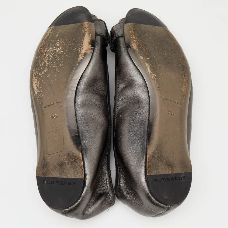 Pre Owned Burberry Metallic Grey Leather Peep Toe Scrunch Ballet Flats Size 36.5