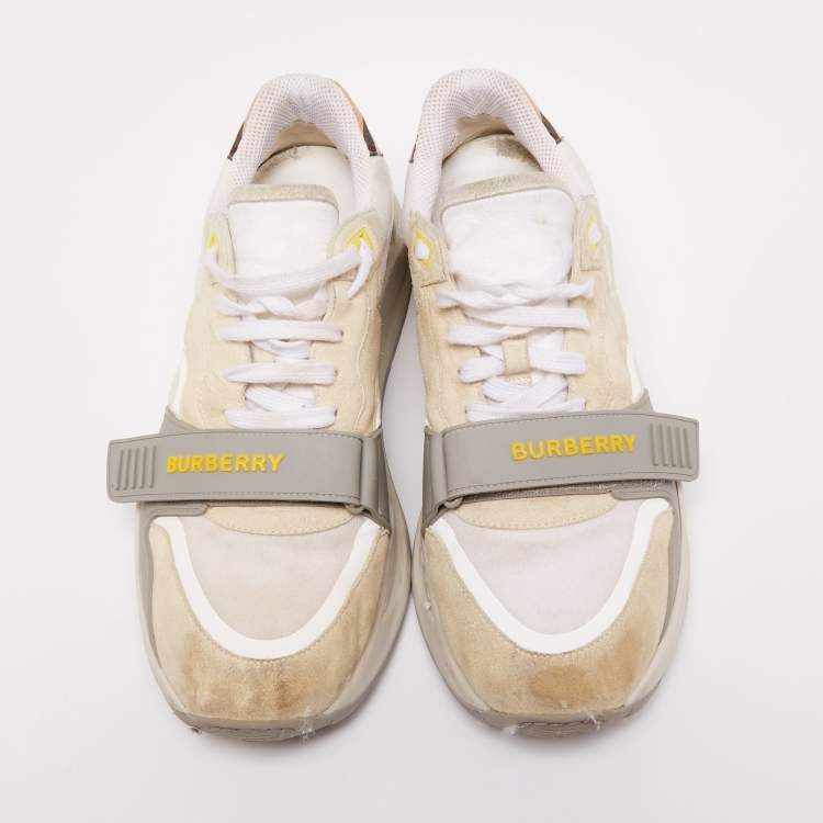 Pre Owned Burberry White/Grey Suede And Leather Ramsey Low Top Sneakers Size 44 
