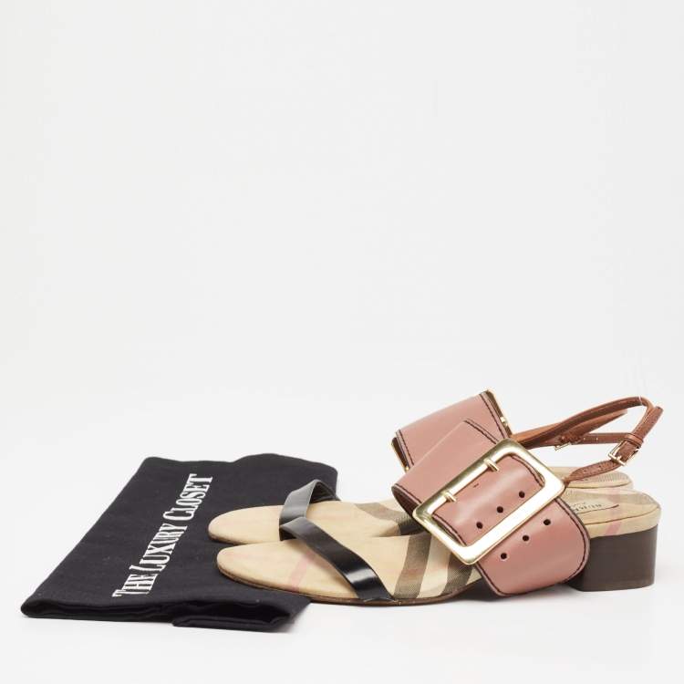 Pre Owned Burberry Tricolor Leather Sawley Trench Buckle Slingback Sandals Size 38
