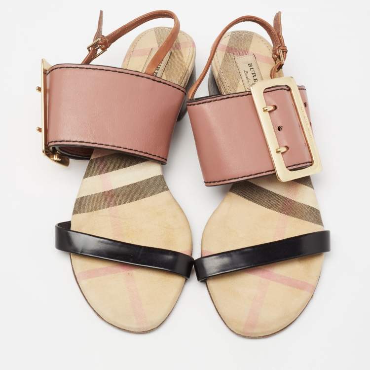 Pre Owned Burberry Tricolor Leather Sawley Trench Buckle Slingback Sandals Size 38