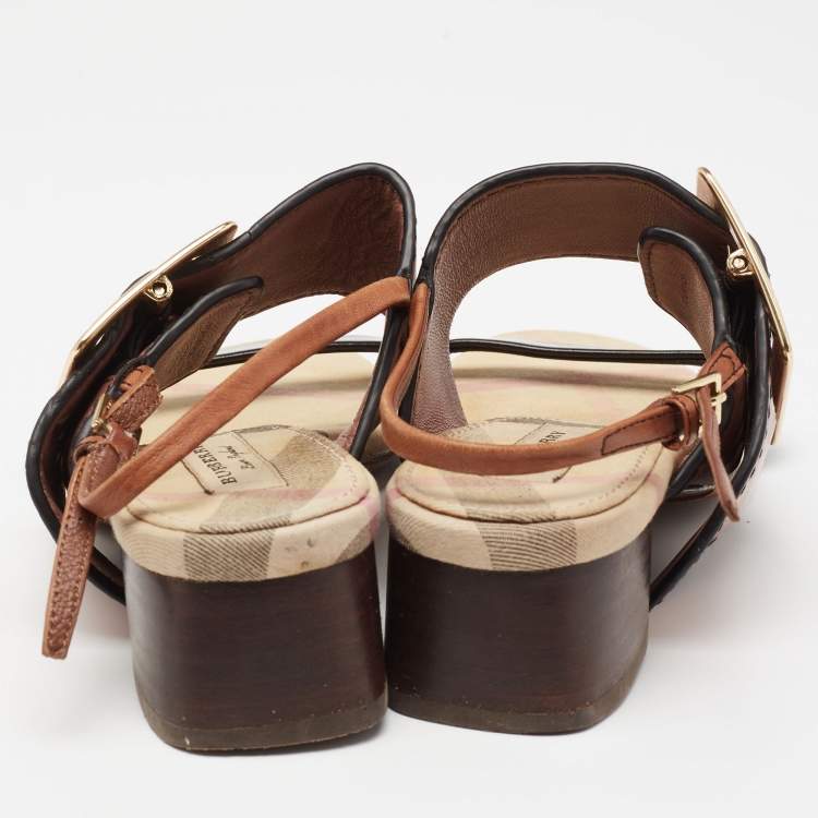Pre Owned Burberry Tricolor Leather Sawley Trench Buckle Slingback Sandals Size 38