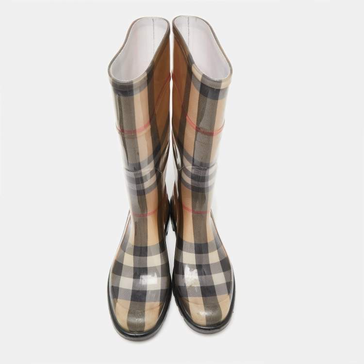 Pre Owned Burberry Beige Nova Check Rubber Knee Length Boots Size 39 