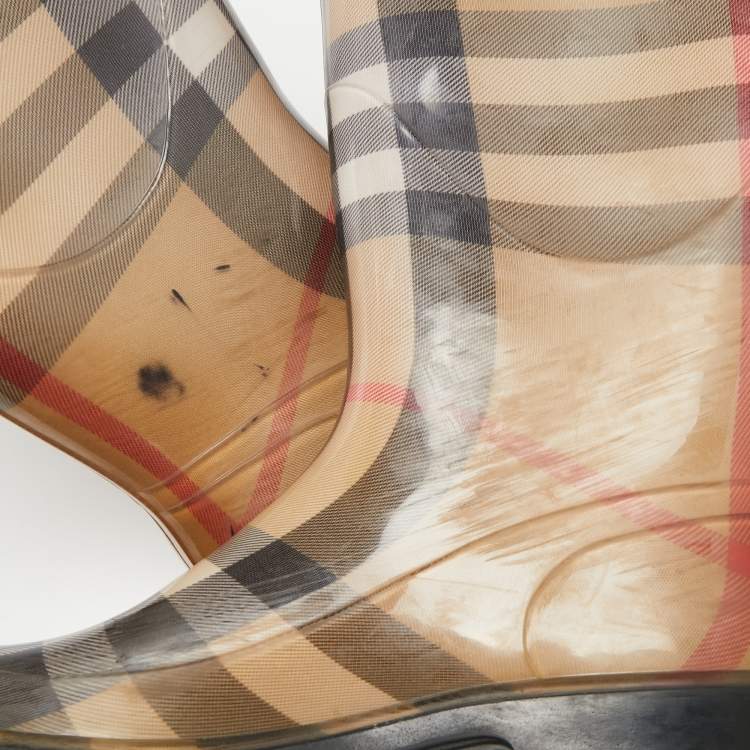 Pre Owned Burberry Beige Nova Check Rubber Knee Length Boots Size 39 