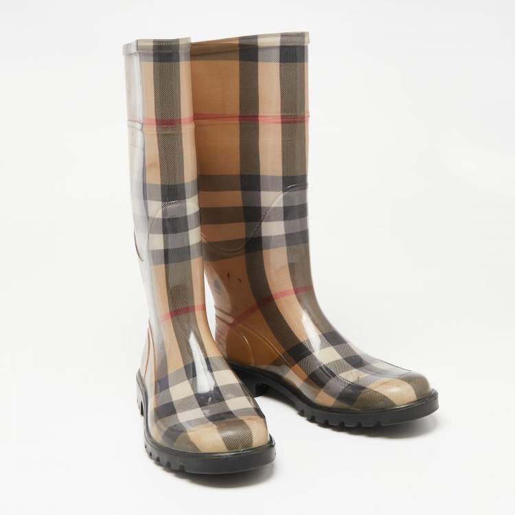 Pre Owned Burberry Beige Nova Check Rubber Knee Length Boots Size 39 