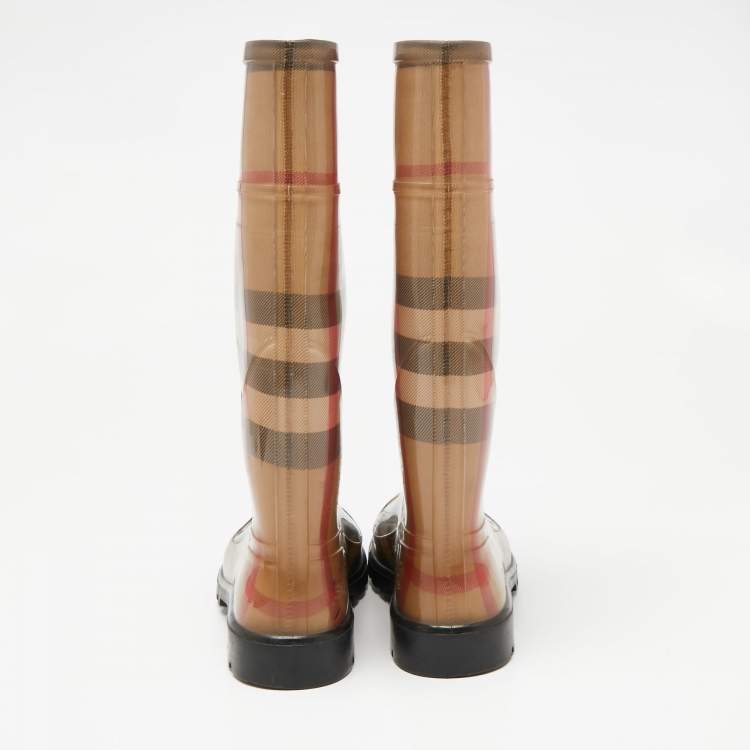 Pre Owned Burberry Beige Nova Check Rubber Knee Length Boots Size 39 