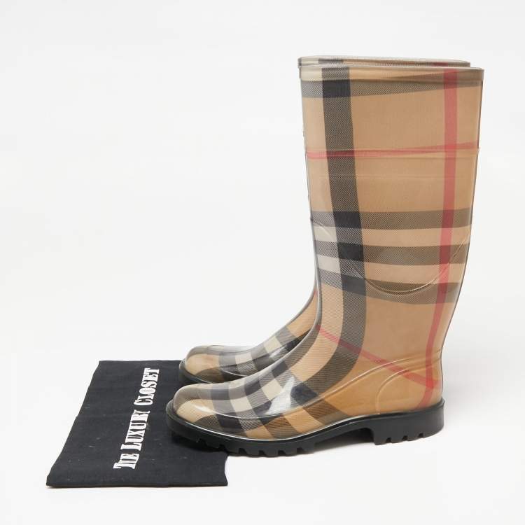Pre Owned Burberry Beige Nova Check Rubber Knee Length Boots Size 39 