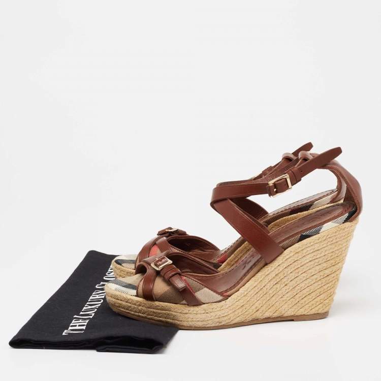 Pre Owned Burberry Brown Leather And Nova Check Canvas Buckle Detail Espadrille Wedge Platform Sandals Size 39