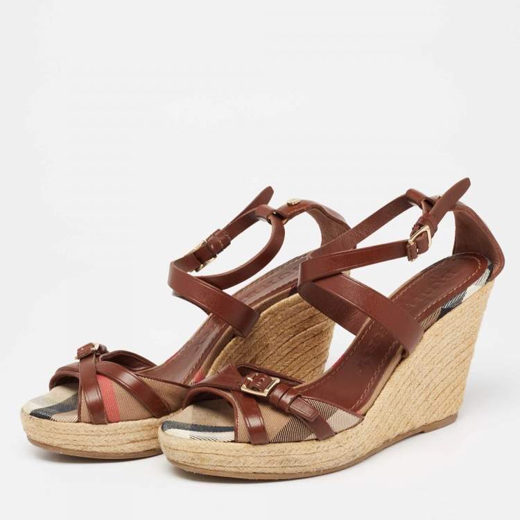 Pre Owned Burberry Brown Leather And Nova Check Canvas Buckle Detail Espadrille Wedge Platform Sandals Size 39