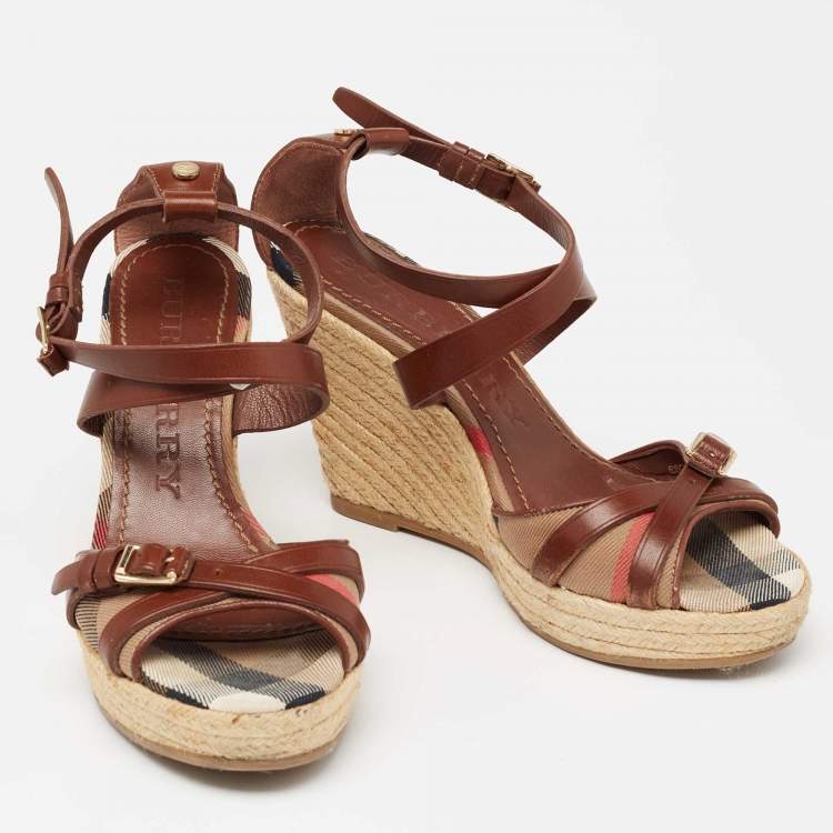 Pre Owned Burberry Brown Leather And Nova Check Canvas Buckle Detail Espadrille Wedge Platform Sandals Size 39