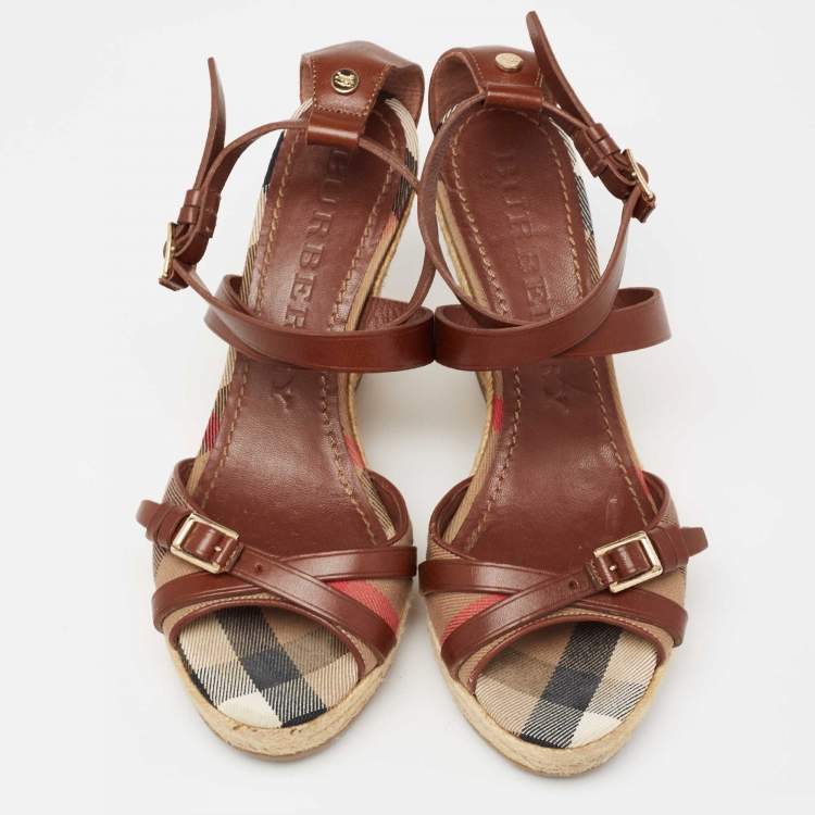 Pre Owned Burberry Brown Leather And Nova Check Canvas Buckle Detail Espadrille Wedge Platform Sandals Size 39