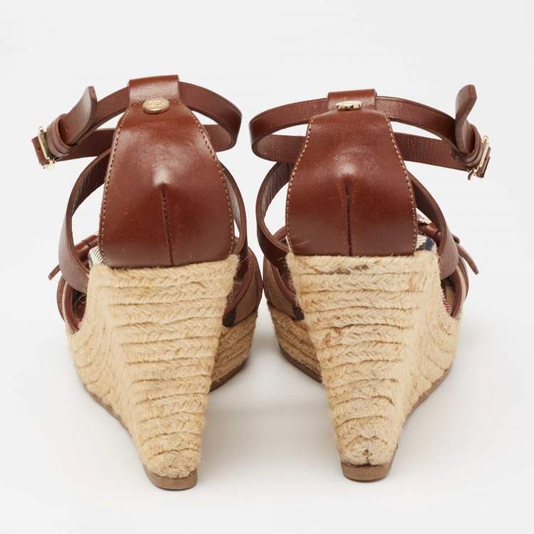 Pre Owned Burberry Brown Leather And Nova Check Canvas Buckle Detail Espadrille Wedge Platform Sandals Size 39