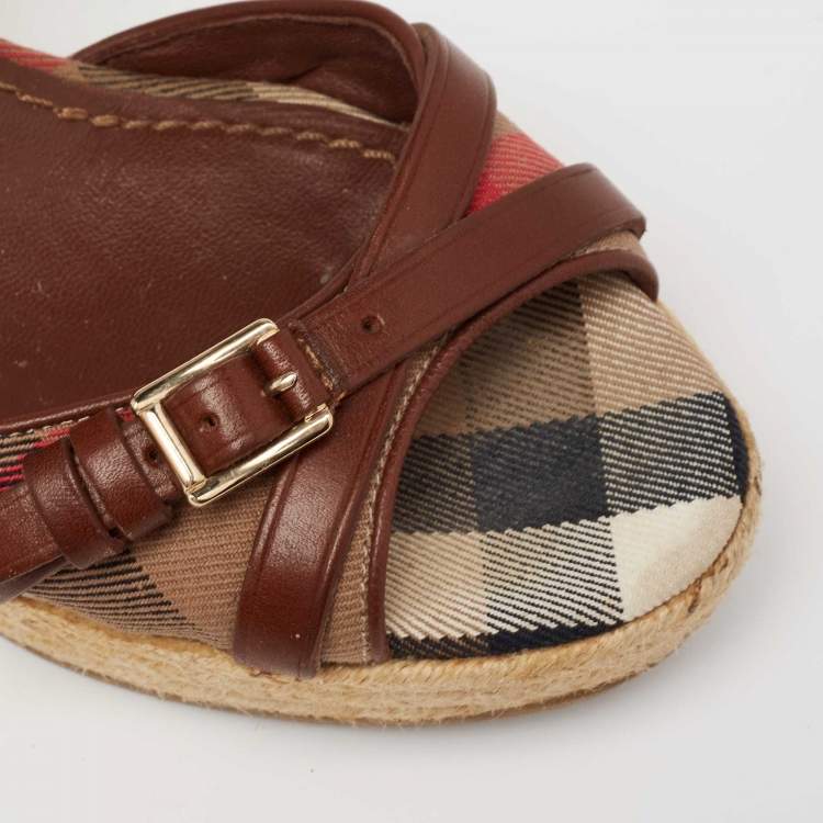 Pre Owned Burberry Brown Leather And Nova Check Canvas Buckle Detail Espadrille Wedge Platform Sandals Size 39