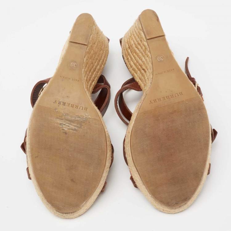 Pre Owned Burberry Brown Leather And Nova Check Canvas Buckle Detail Espadrille Wedge Platform Sandals Size 39