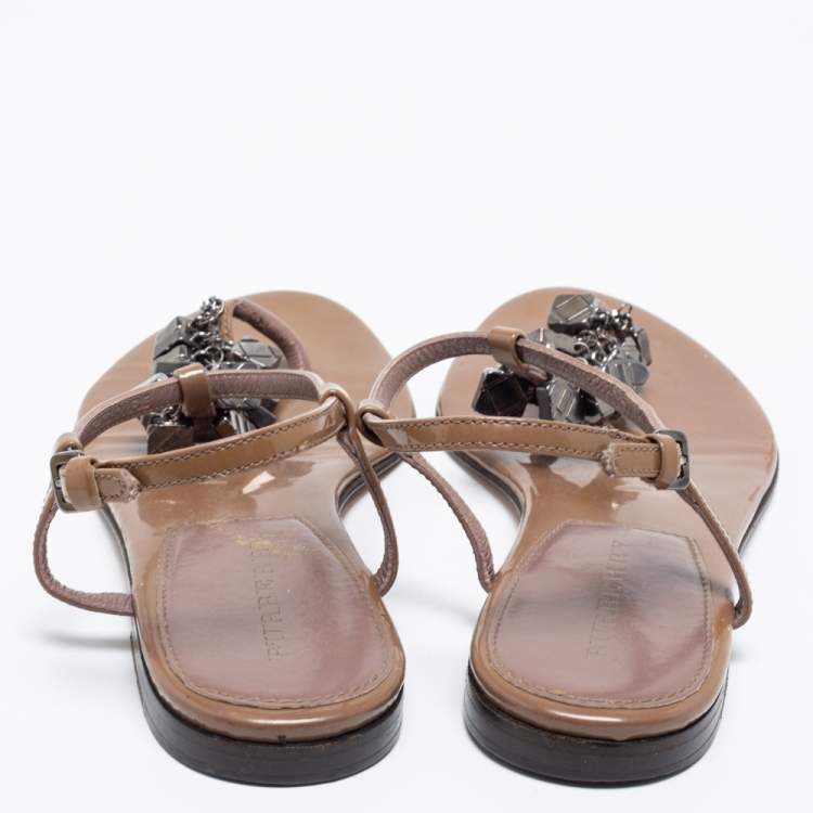 Pre Owned Burberry Brown Patent Leather Embellished  Thong Flats Size 38
