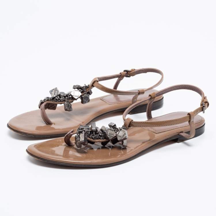 Pre Owned Burberry Brown Patent Leather Embellished  Thong Flats Size 38