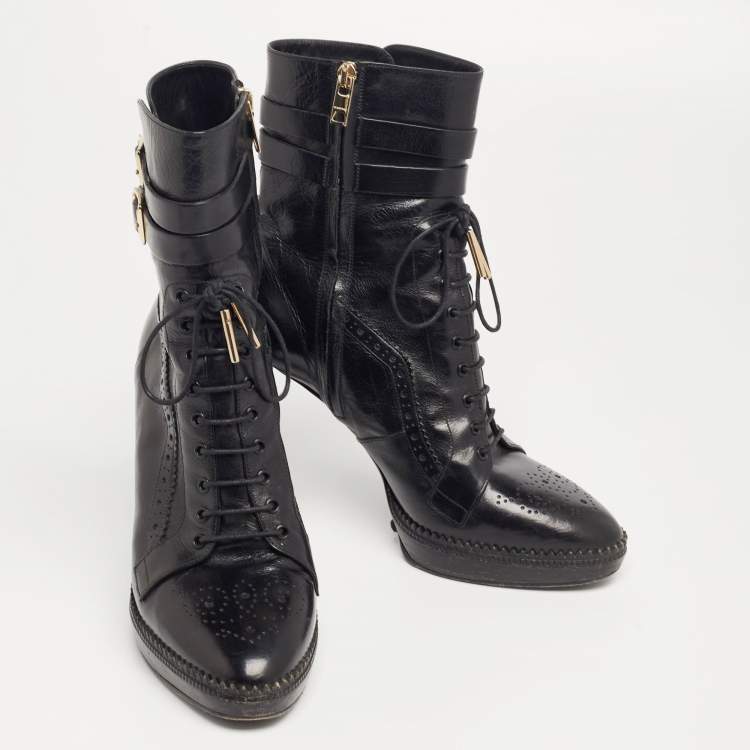 Pre Owned Burberry Black Leather Brogue Ankle Length Boots Size 39