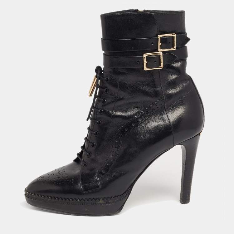 Pre Owned Burberry Black Leather Brogue Ankle Length Boots Size 39