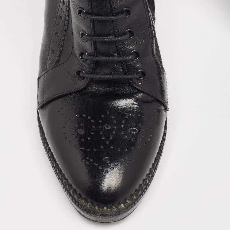 Pre Owned Burberry Black Leather Brogue Ankle Length Boots Size 39