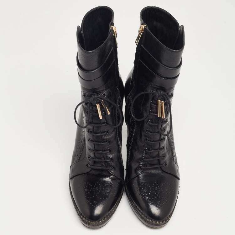 Pre Owned Burberry Black Leather Brogue Ankle Length Boots Size 39
