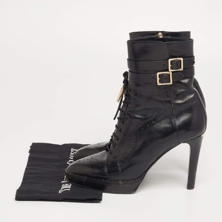 Pre Owned Burberry Black Leather Brogue Ankle Length Boots Size 39