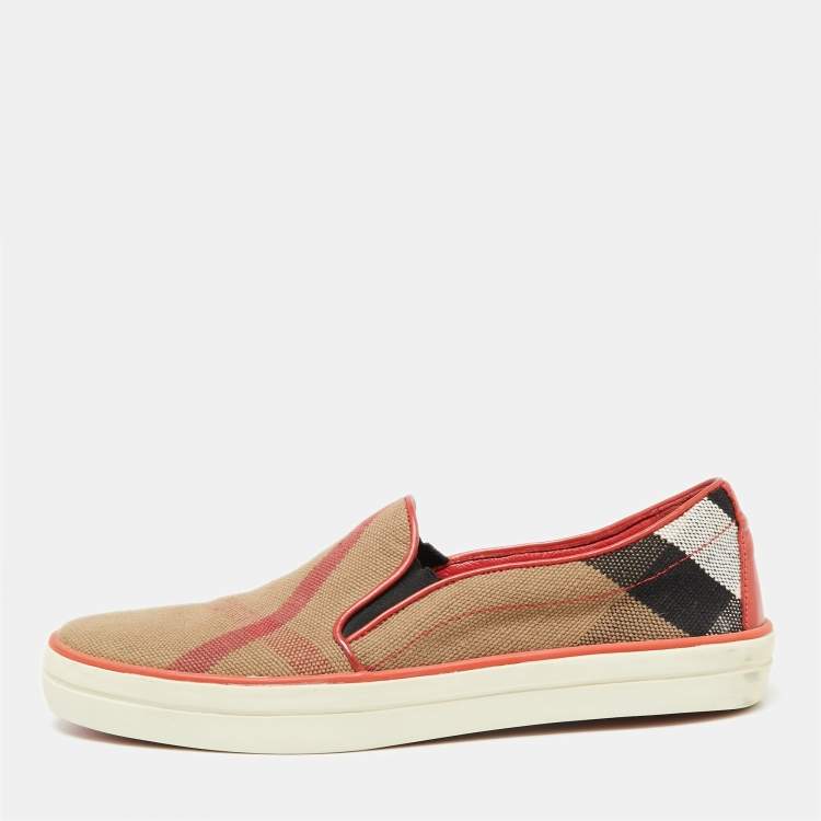 Pre Owned Burberry Red/Brown Nova Check Canvas and Leather Gauden Slip On Sneakers Size 36