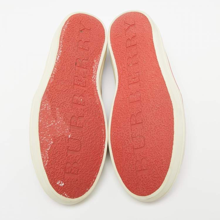 Pre Owned Burberry Red/Brown Nova Check Canvas and Leather Gauden Slip On Sneakers Size 36