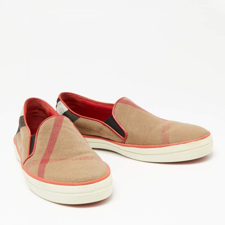 Pre Owned Burberry Red/Brown Nova Check Canvas and Leather Gauden Slip On Sneakers Size 36