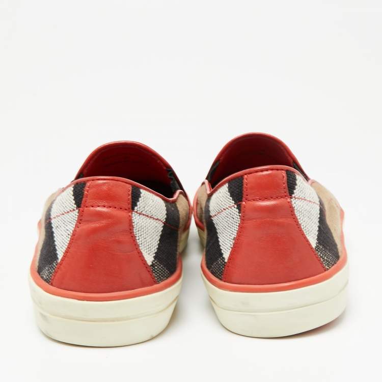Pre Owned Burberry Red/Brown Nova Check Canvas and Leather Gauden Slip On Sneakers Size 36