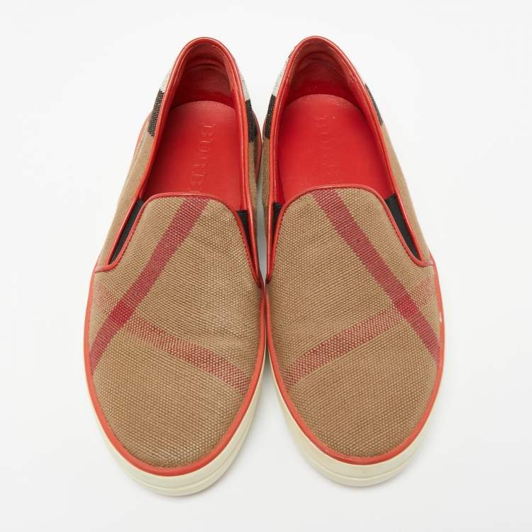 Pre Owned Burberry Red/Brown Nova Check Canvas and Leather Gauden Slip On Sneakers Size 36