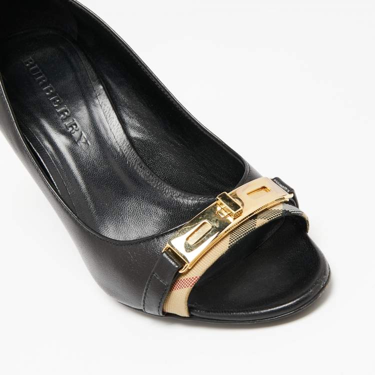Pre Owned Burberry Black Leather Turnlock Peep Toe Pumps Size 36