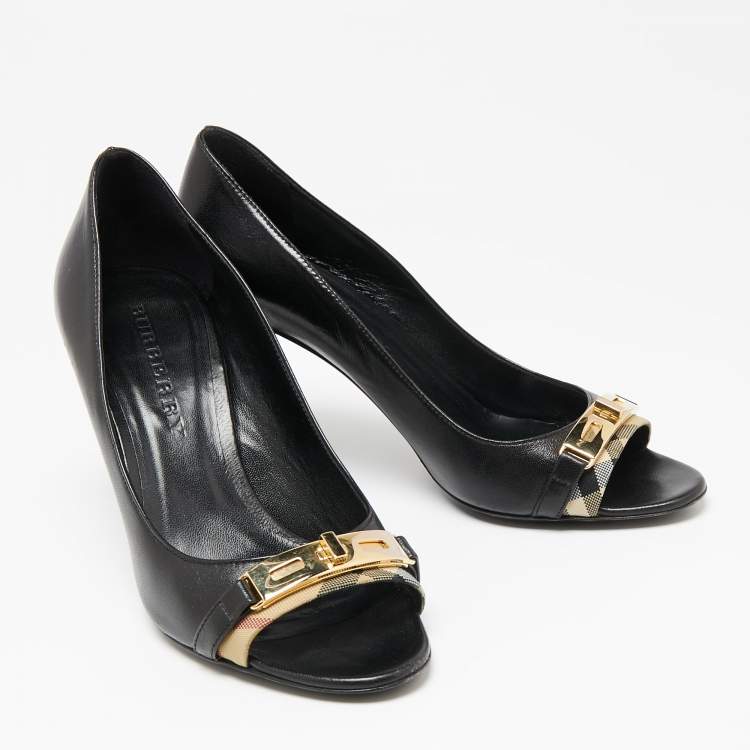 Pre Owned Burberry Black Leather Turnlock Peep Toe Pumps Size 36