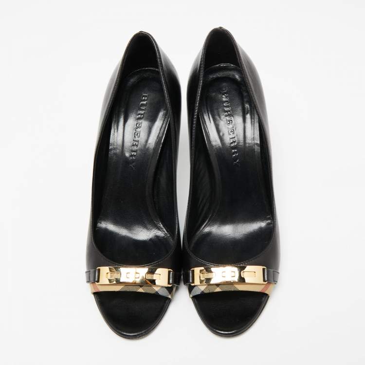 Pre Owned Burberry Black Leather Turnlock Peep Toe Pumps Size 36