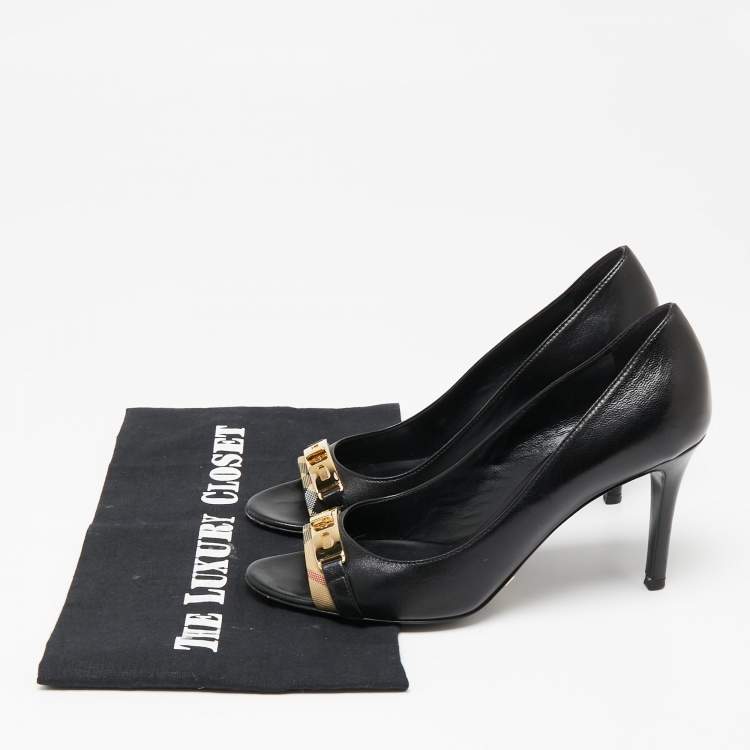 Pre Owned Burberry Black Leather Turnlock Peep Toe Pumps Size 36