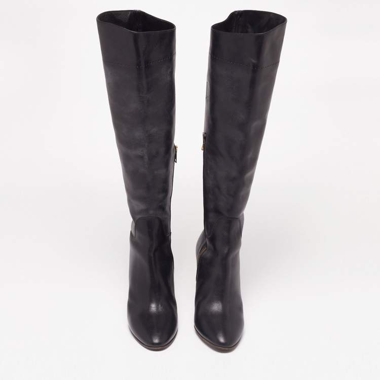 Pre Owned Burberry Black Leather Zipper Knee High Boots Size 38