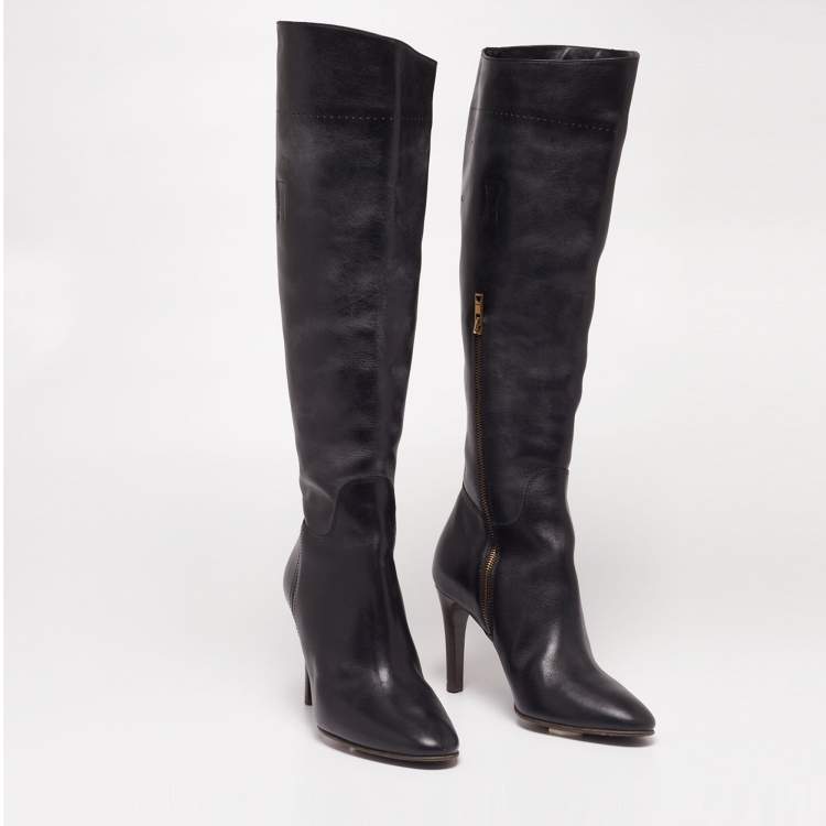 Pre Owned Burberry Black Leather Zipper Knee High Boots Size 38