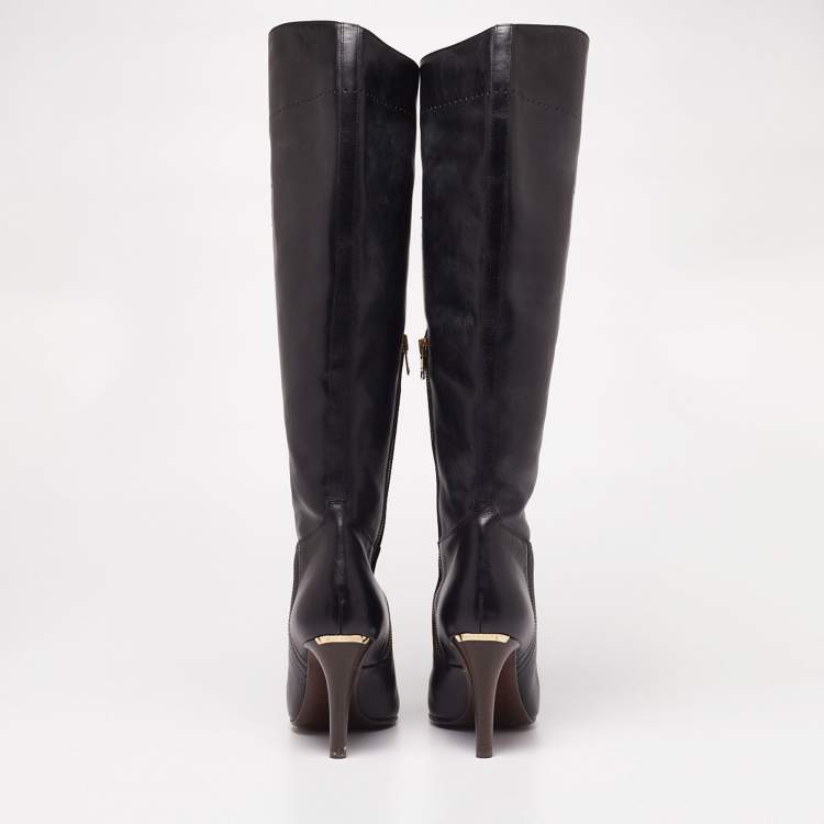 Pre Owned Burberry Black Leather Zipper Knee High Boots Size 38