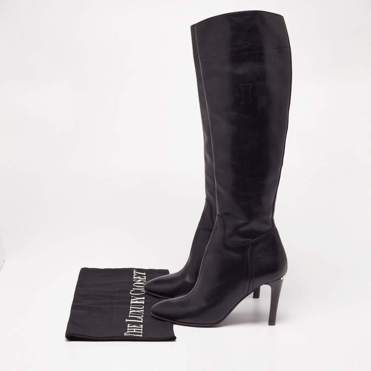 Pre Owned Burberry Black Leather Zipper Knee High Boots Size 38