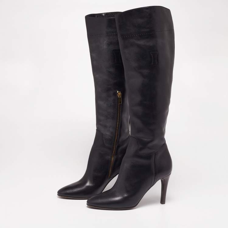 Pre Owned Burberry Black Leather Zipper Knee High Boots Size 38
