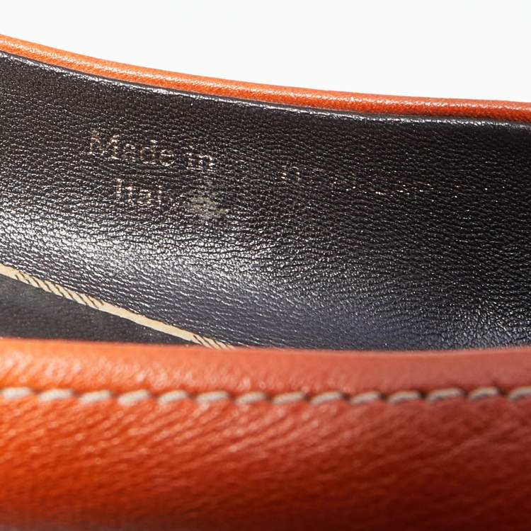 Pre Owned Burberry Orange/Beige Leather And Haymarket Coated Canvas Bow Peep Toe Ballet Flats Size 39