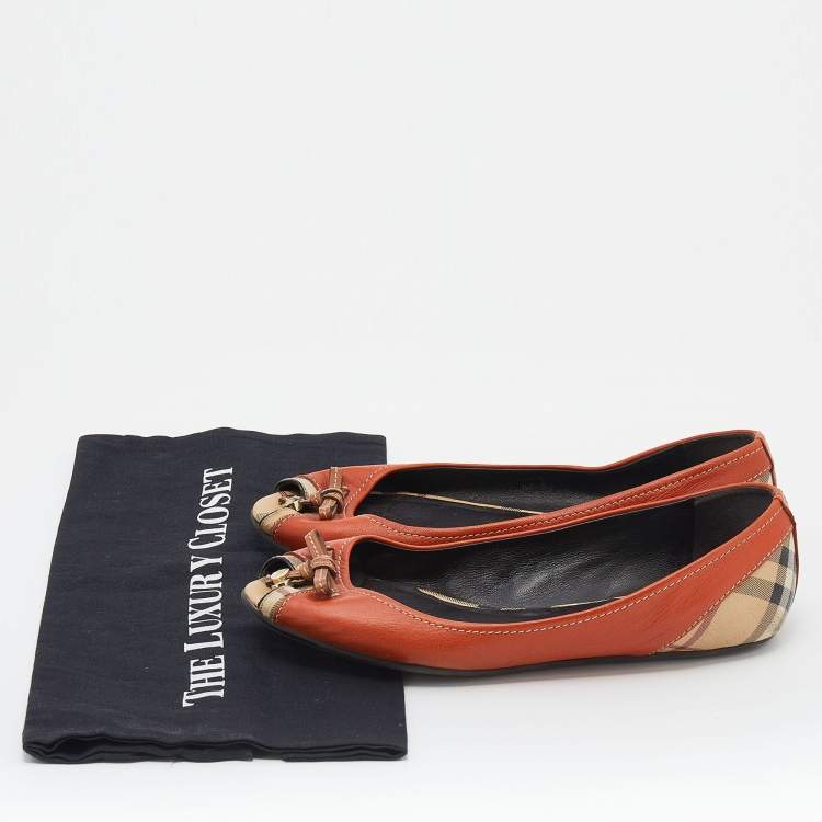 Pre Owned Burberry Orange/Beige Leather And Haymarket Coated Canvas Bow Peep Toe Ballet Flats Size 39