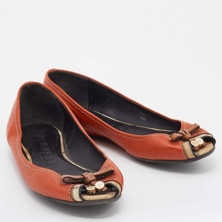 Pre Owned Burberry Orange/Beige Leather And Haymarket Coated Canvas Bow Peep Toe Ballet Flats Size 39