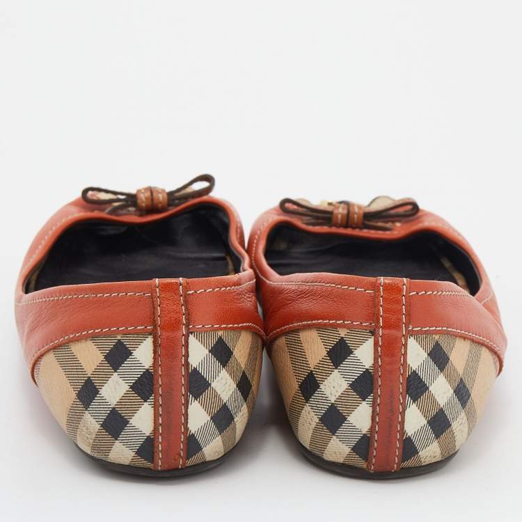Pre Owned Burberry Orange/Beige Leather And Haymarket Coated Canvas Bow Peep Toe Ballet Flats Size 39