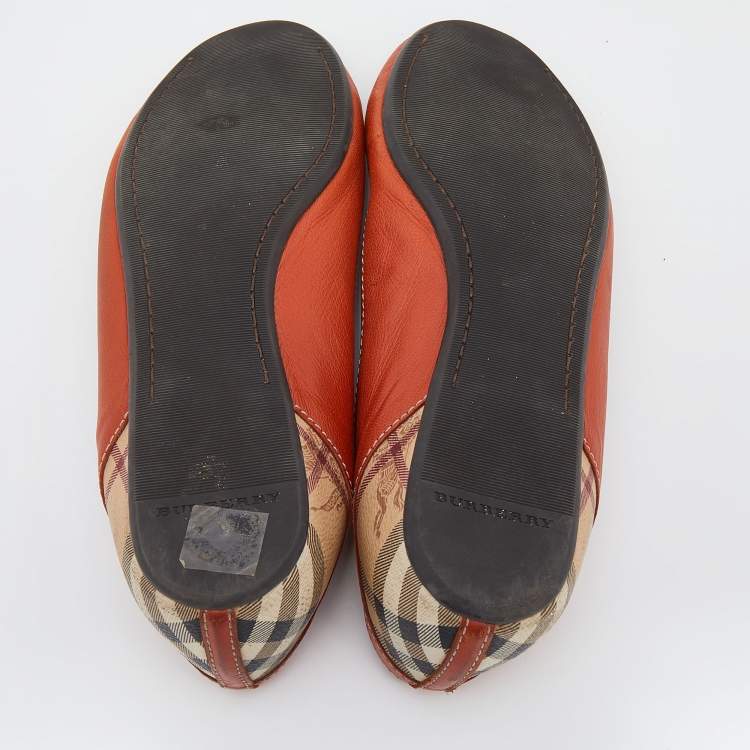 Pre Owned Burberry Orange/Beige Leather And Haymarket Coated Canvas Bow Peep Toe Ballet Flats Size 39