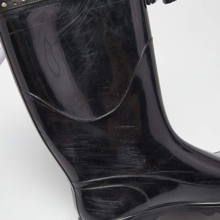 Pre Owned Burberry Black/Beige Canvas And Rubber Rain Boots Size 40