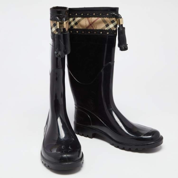 Pre Owned Burberry Black/Beige Canvas And Rubber Rain Boots Size 40