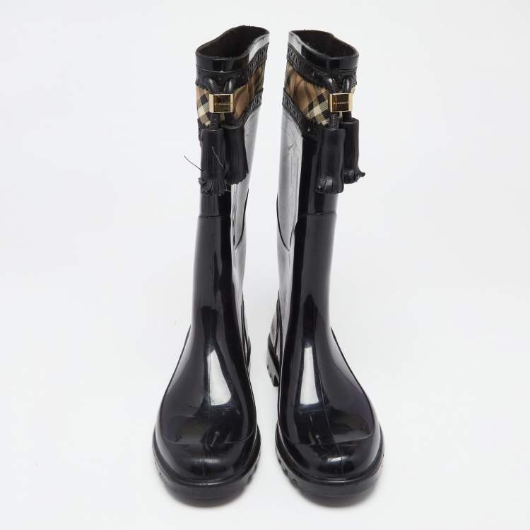 Pre Owned Burberry Black/Beige Canvas And Rubber Rain Boots Size 40