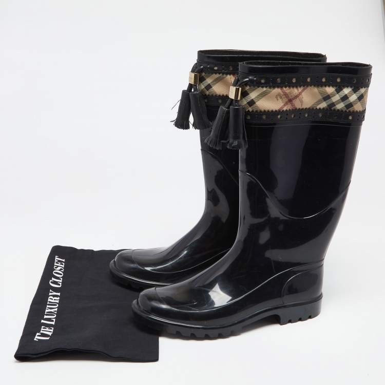 Pre Owned Burberry Black/Beige Canvas And Rubber Rain Boots Size 40