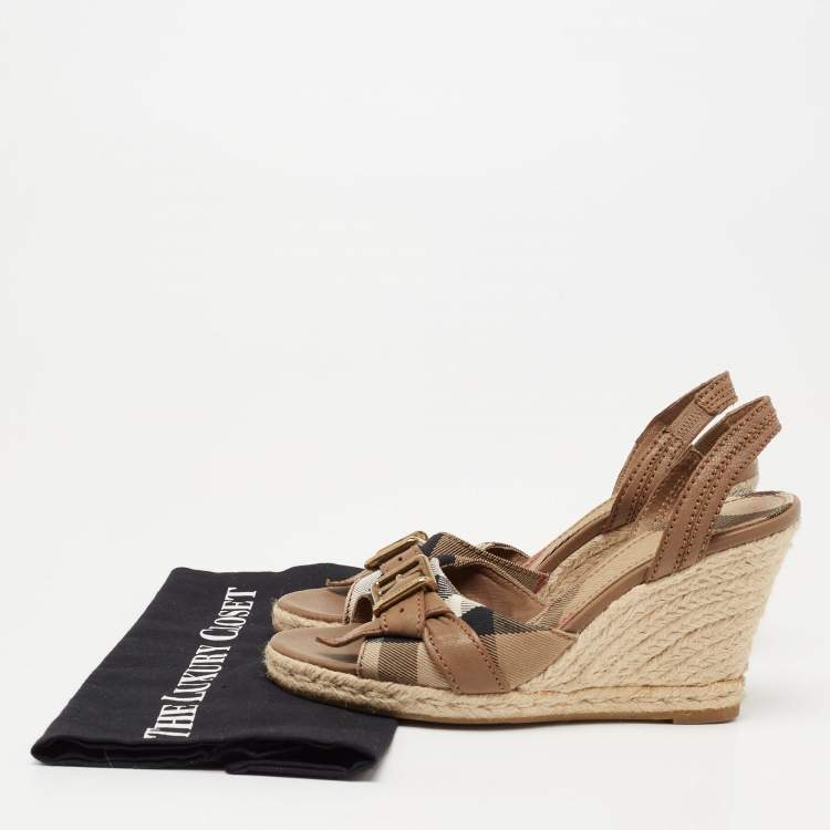 Pre Owned Burberry Brown Leather And Novacheck Canvas Espadrille Wedge Sandals Size 38