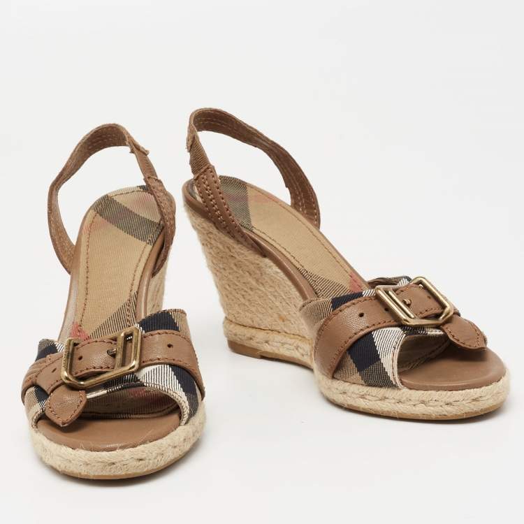Pre Owned Burberry Brown Leather And Novacheck Canvas Espadrille Wedge Sandals Size 38