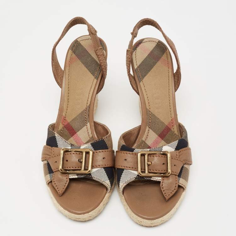 Pre Owned Burberry Brown Leather And Novacheck Canvas Espadrille Wedge Sandals Size 38